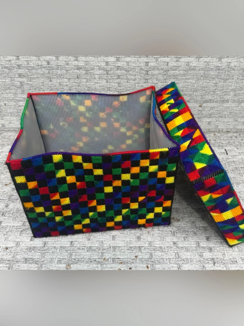 Vintage (>50 years) Handmade Rainbow Plastic Canvas Trinket Box Lid Chekerboard